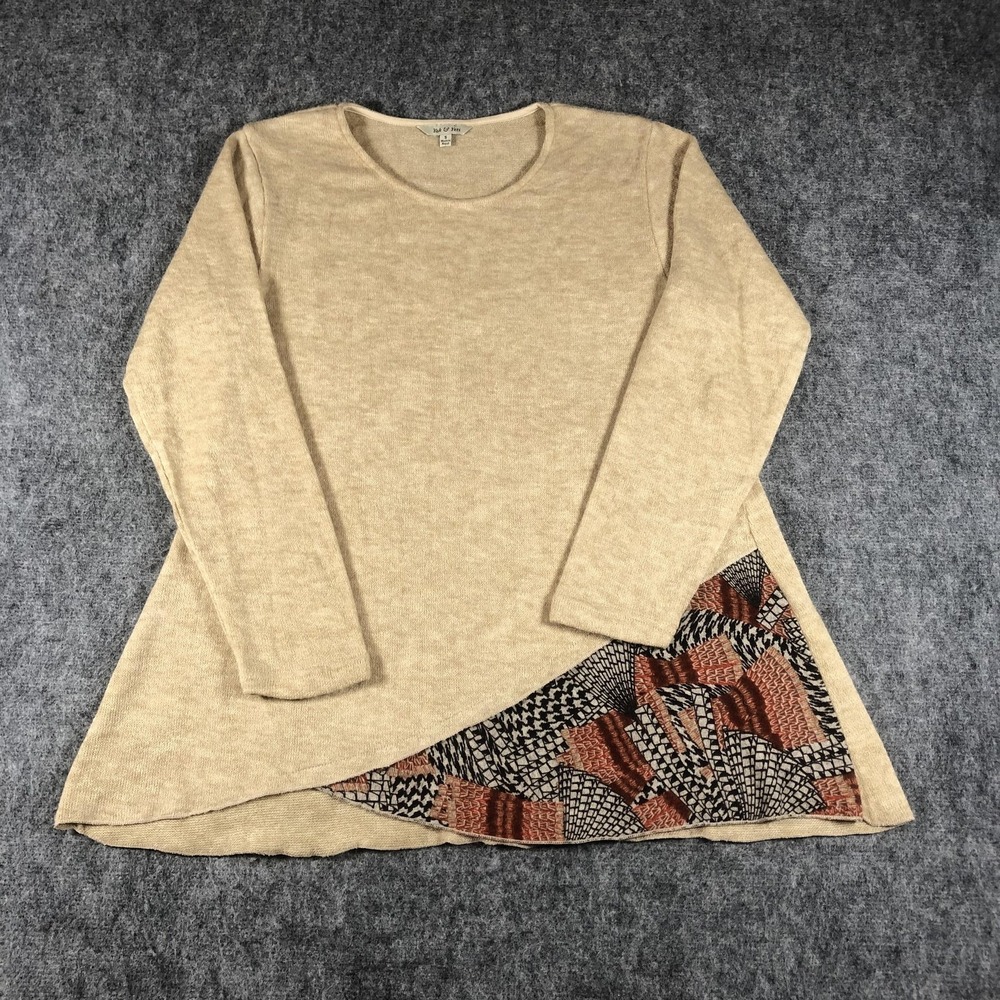 Yak & Yeti Sweater Womens Small Beige Knit‎ Tunic Asymmetrical Hem Long Sleeve